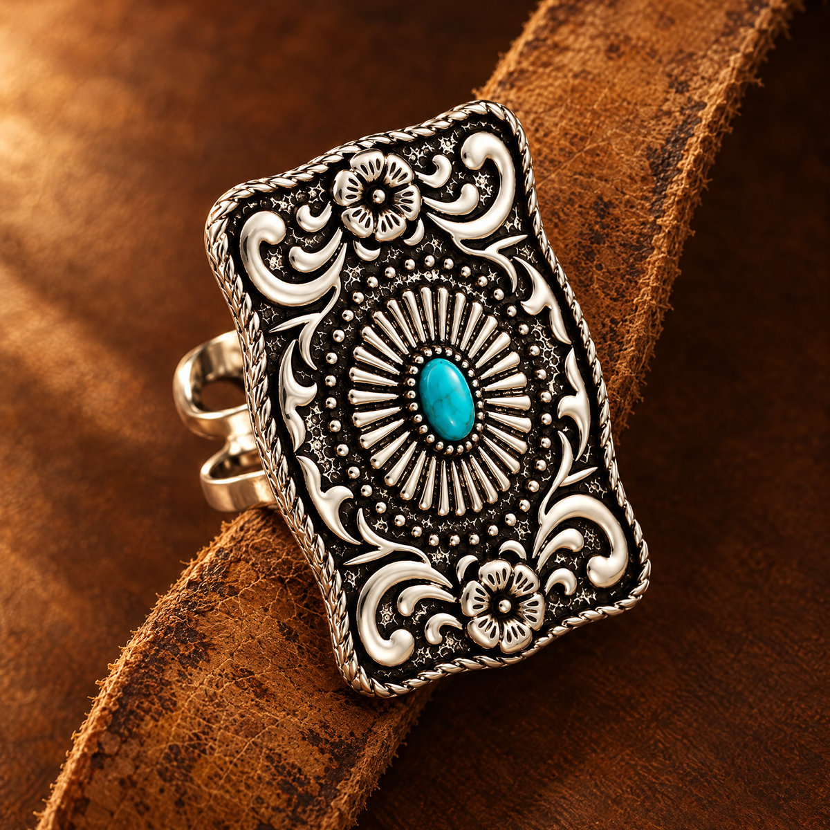 Trophy Buckle Ring close-up on worn tan leather strip