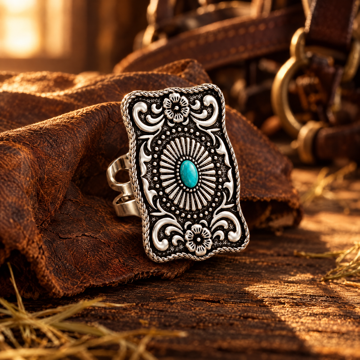 Trophy Buckle Ring standing against aged saddle leather on a wooden table