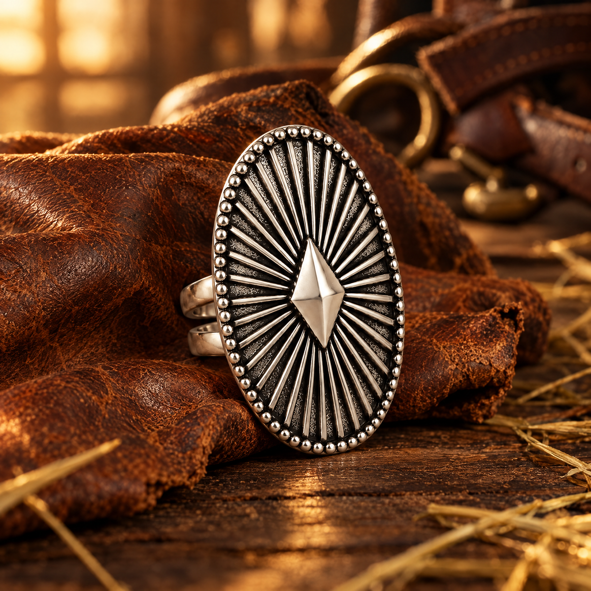Shield Star Ring standing against aged saddle leather on a wooden table