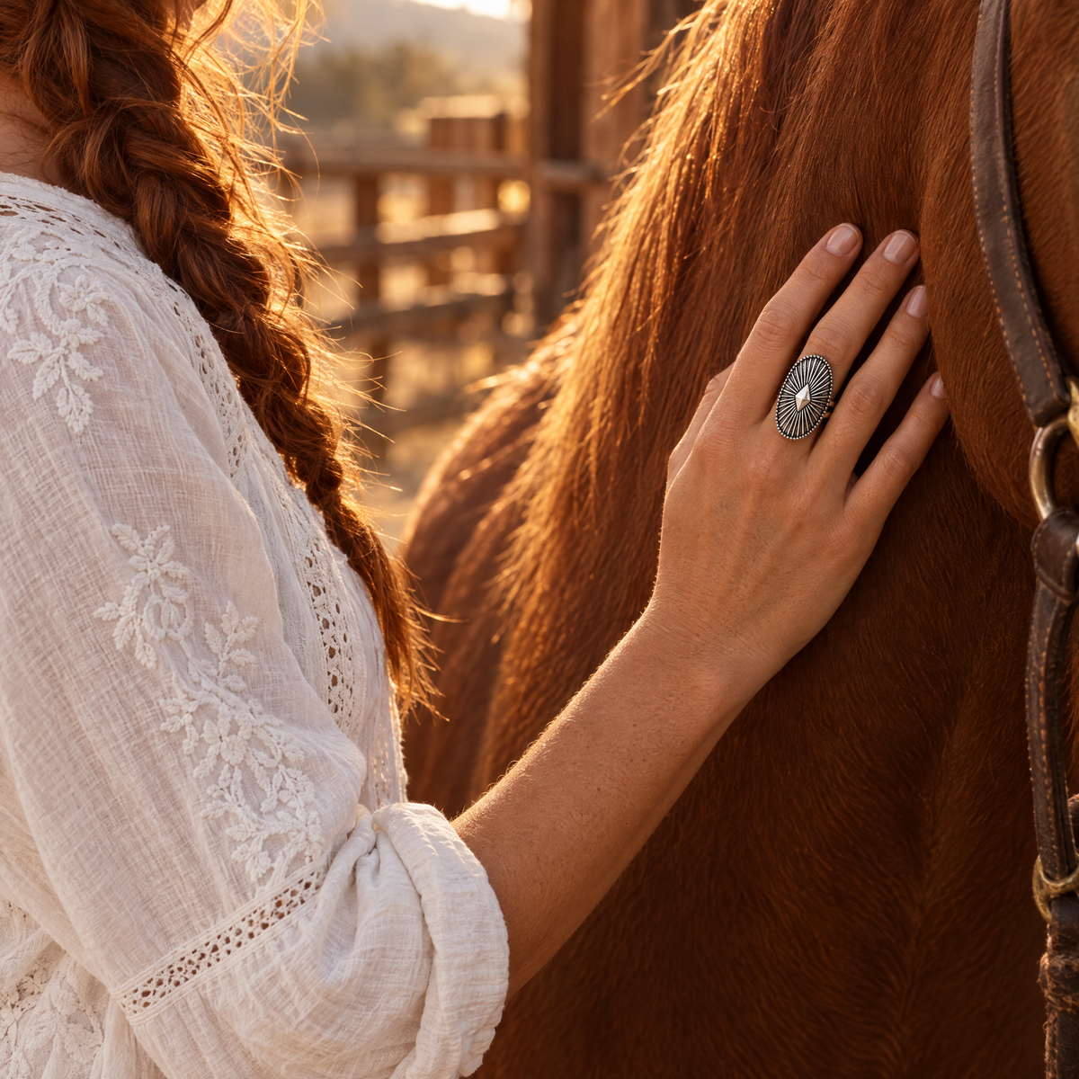 Shield Star Ring on hand resting on a chestnut horse's neck in a corral