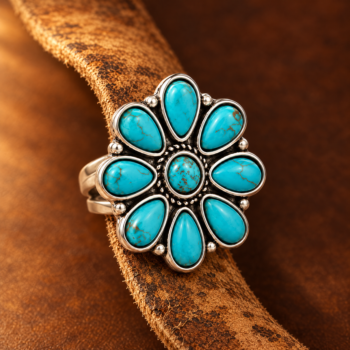 Turquoise Petal Ring close-up on worn tan leather strip