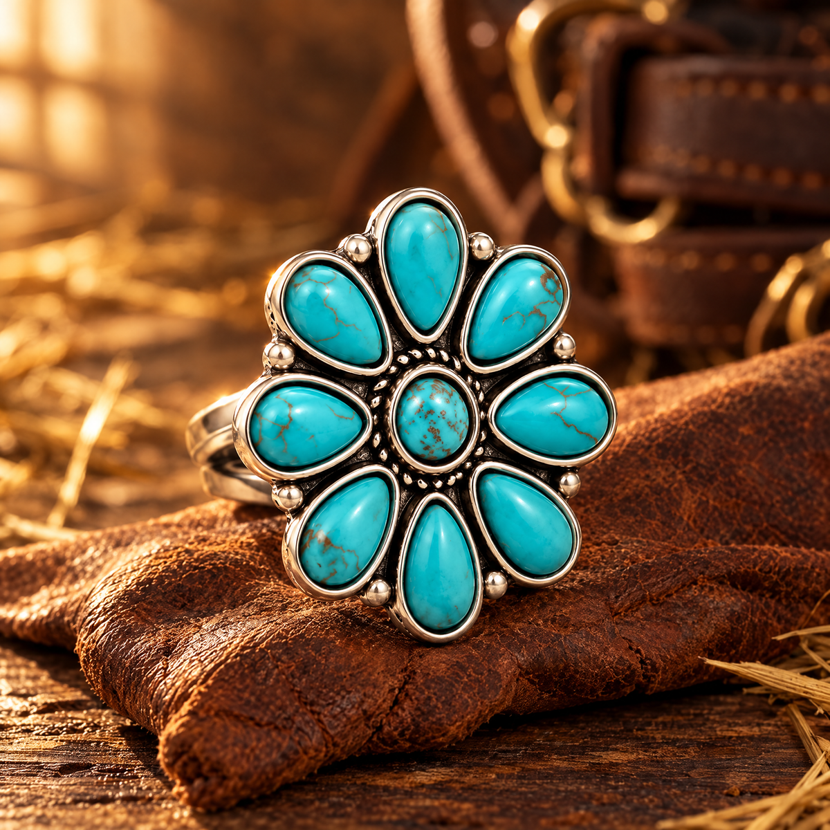 Turquoise Petal Ring standing against aged saddle leather on a wooden table