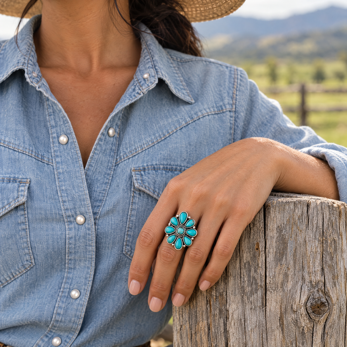 Turquoise Petal Ring on hand resting on a wooden fence post with chambray shirt