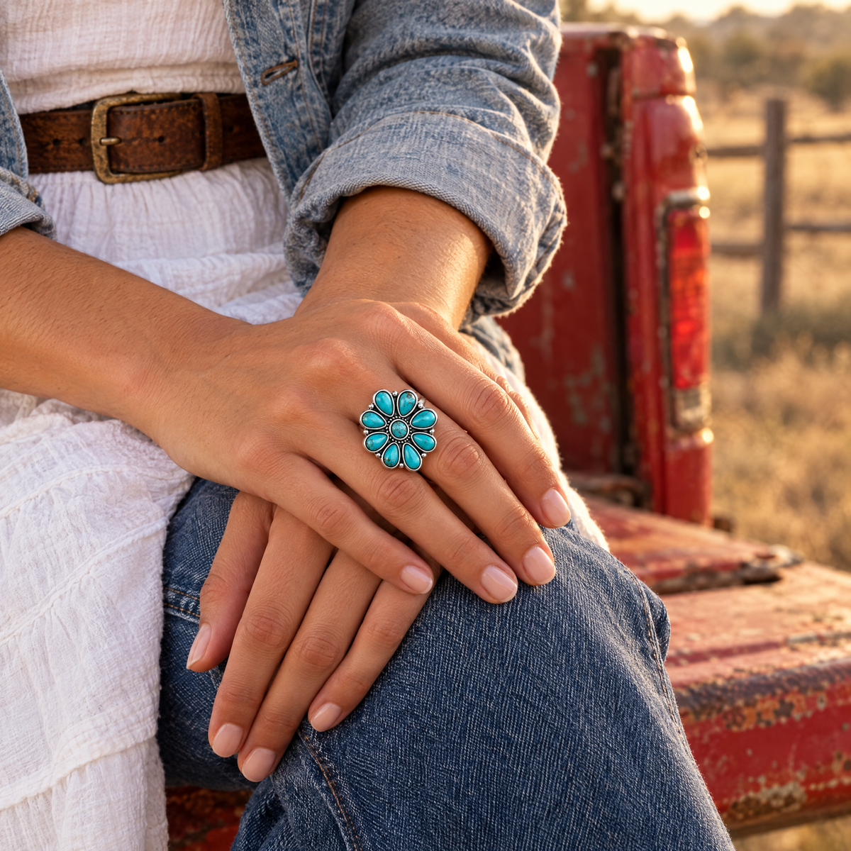 Turquoise Petal Ring on hands resting on knee on a red pickup tailgate