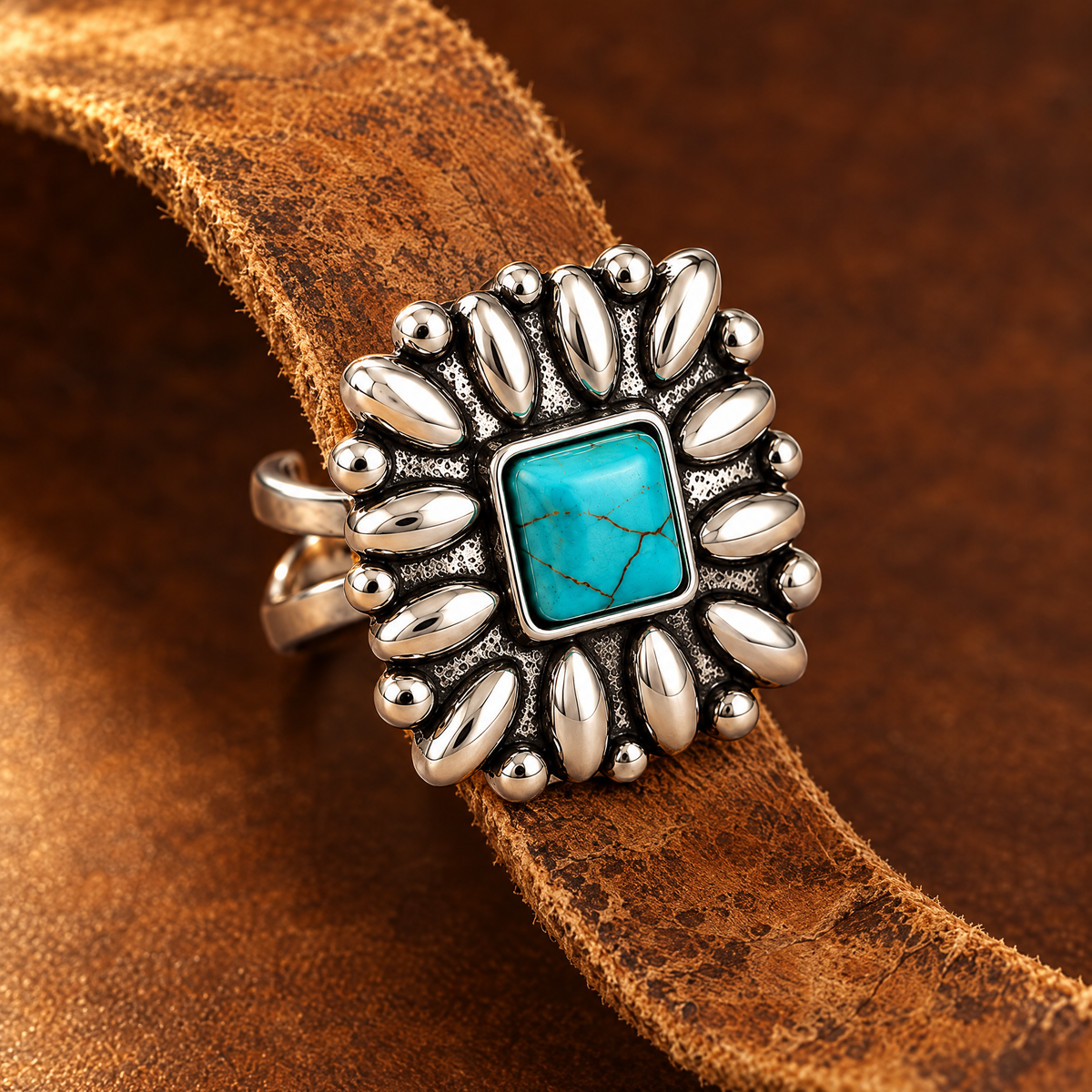 Silver Blossom Ring close-up on worn tan leather strip
