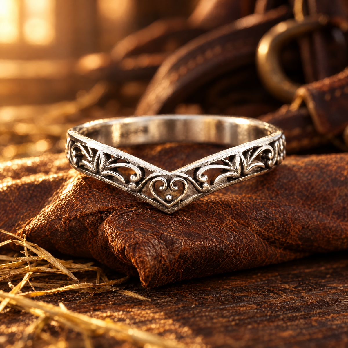 Cowgirl Wishbone Ring propped against saddle leather