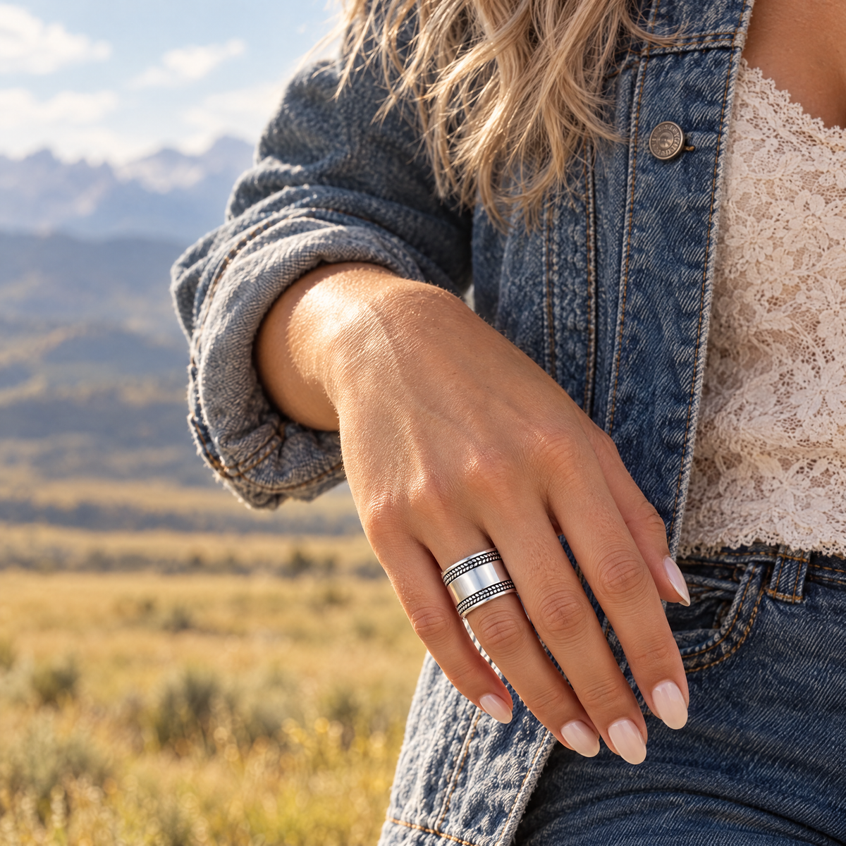 Open Range Ring worn on hand on the open prairie
