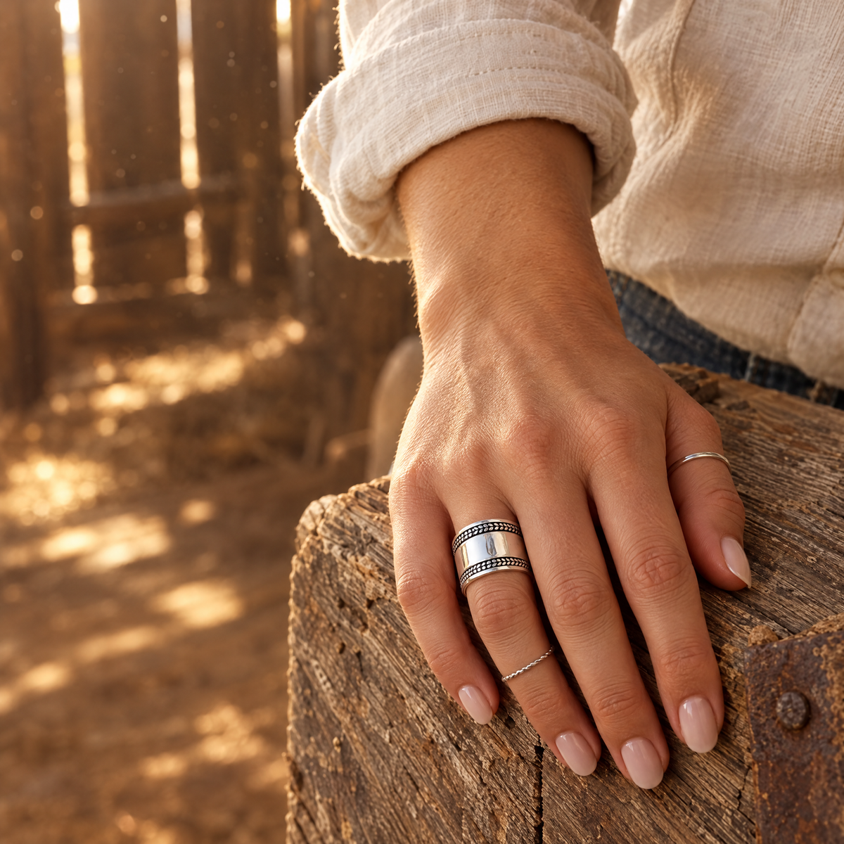 Open Range Ring stacked with rings on hand resting on a barn door