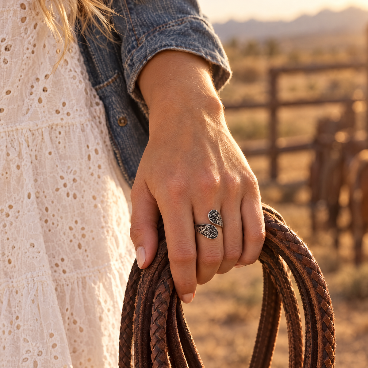 Hitchin' Post Ring worn on hand holding a coiled leather rein