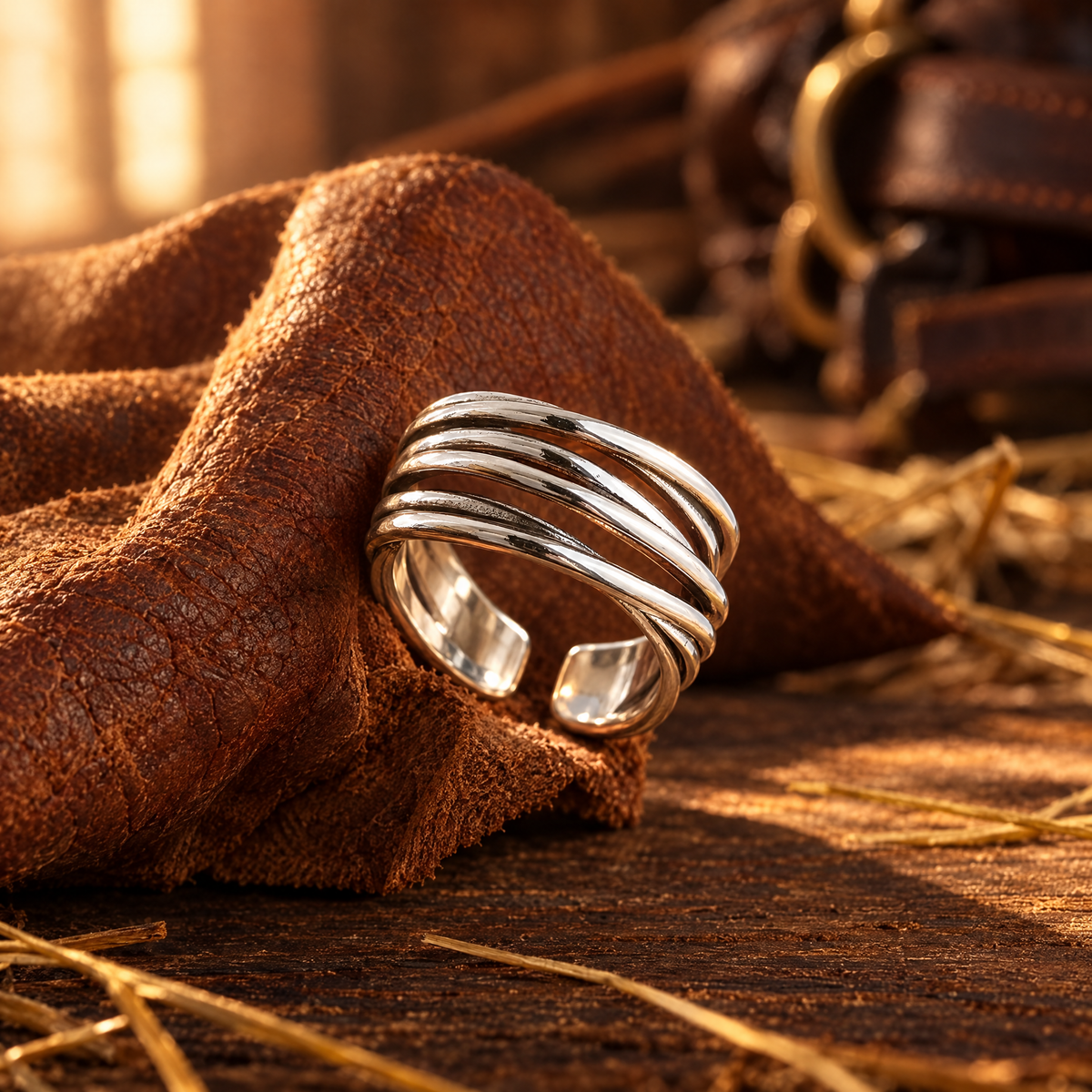 Crossed Reins Ring propped against saddle leather