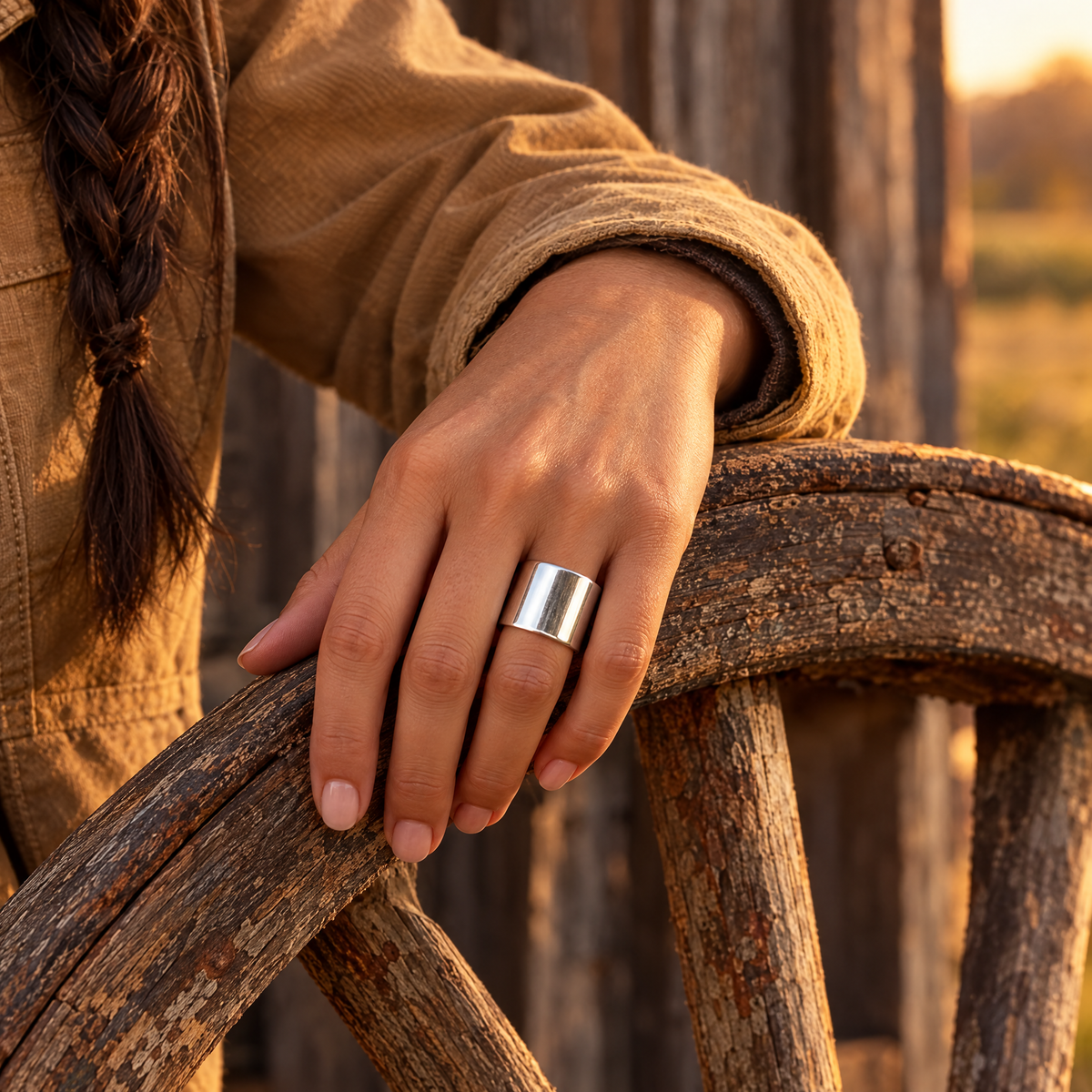Wide Open Ring worn on hand resting on a wagon wheel in a barn