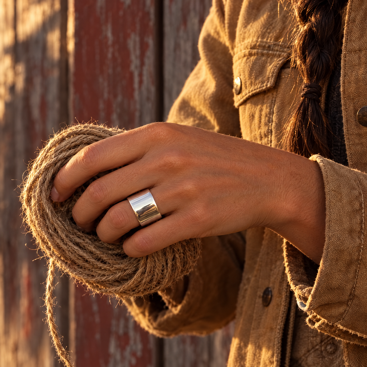 Wide Open Ring worn on hand holding a coil of twine in a barn