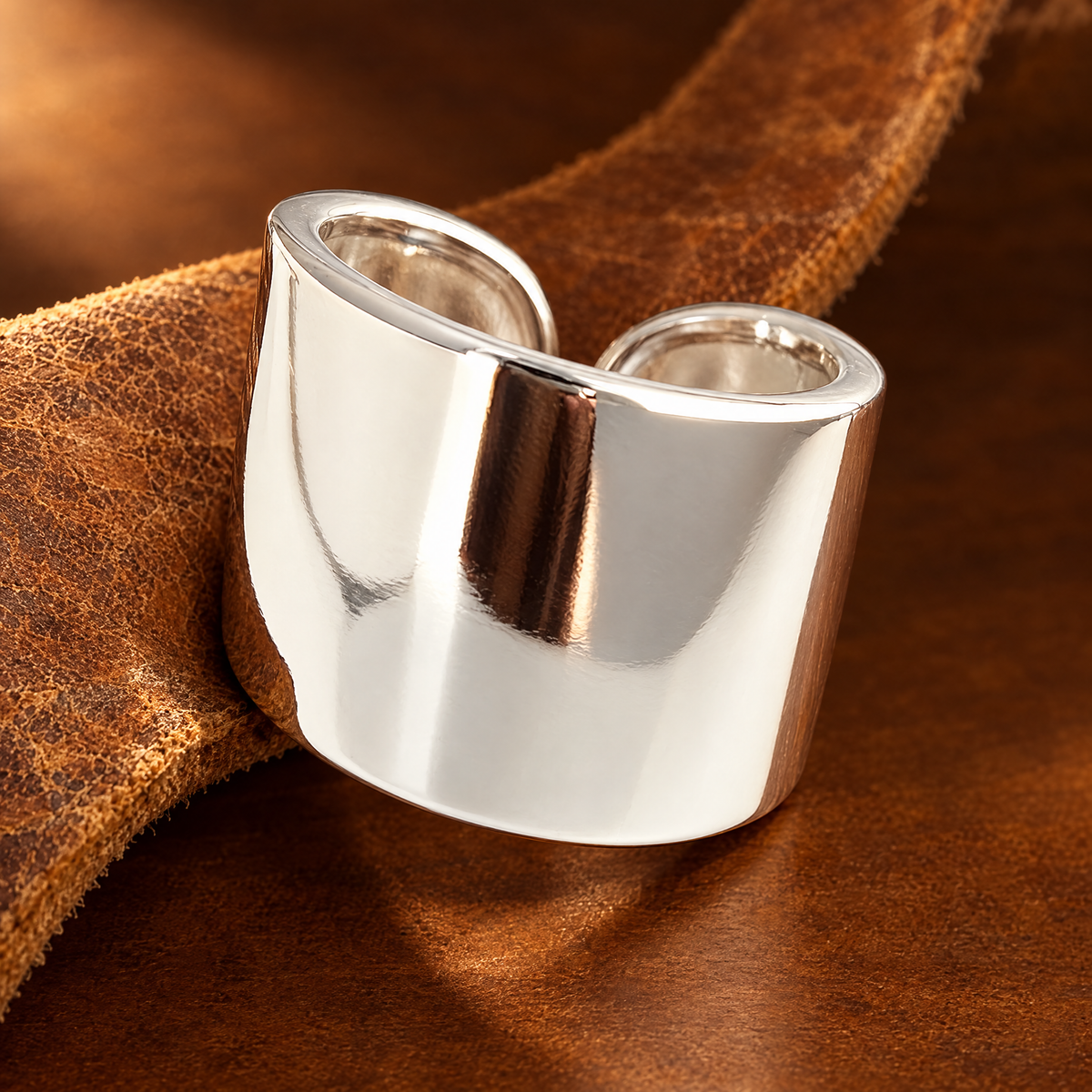 Wide Open Ring on a leather strip