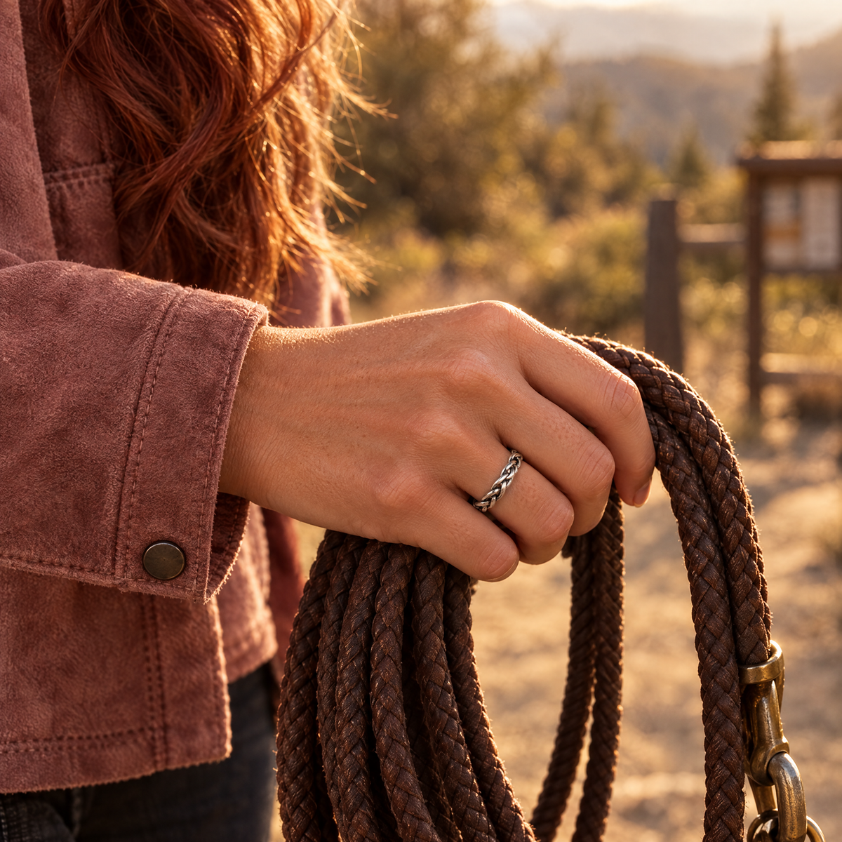 Braided Trail Ring worn on hand holding a braided leather lead rope