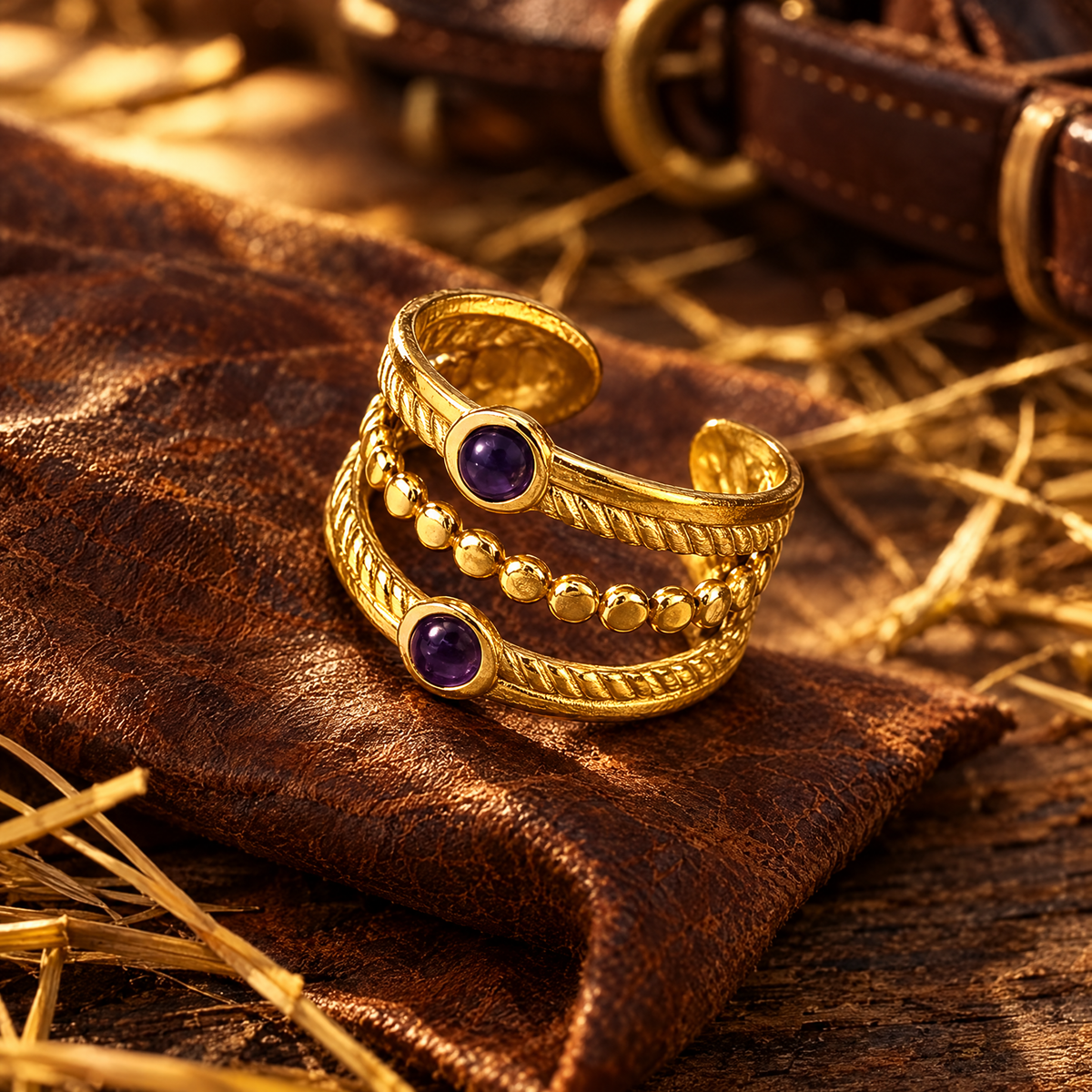 Twilight Lasso Ring on saddle leather